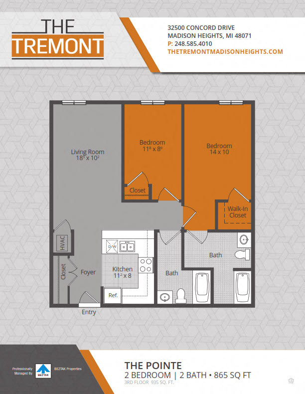 Floor plan for 2 beds, 2 baths, 865 sqft
